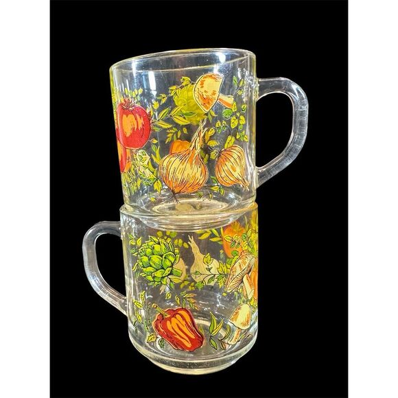 Vintage Arcoroc Spice of Life Glass Mugs, Set of 2, Mushrooms Retro Kitchen - Picture 2 of 12